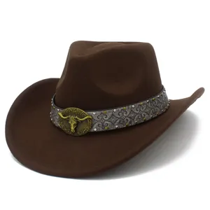 Brown western cowboy hat retro fedora with metallic bull head buckle and ethnic style band.