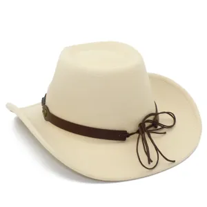 Classic beige felt jazz hat with brown leather band and stylish bow knot decoration.