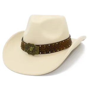 Western cowboy hat detail, off-white felt with embossed brown leather band and brass bull buckle.