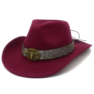 Retro Wool Fedora Hat with Bull Skull Buckle Ethnic Cowboy Cap for Men and Women