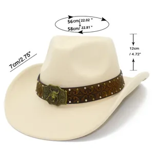 Classic western cowboy hat for men and women, stylish wide brim felt hat with retro leather band.