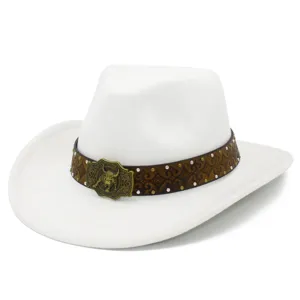 Close up of classic white western cowboy hat with brown pattern band and bull buckle