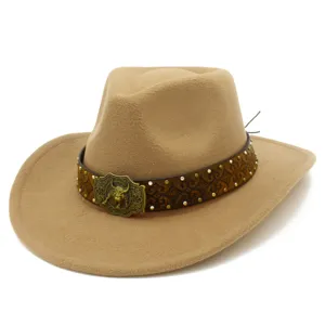 Classic western cowboy hat in camel felt with embossed leather band and bull head buckle.