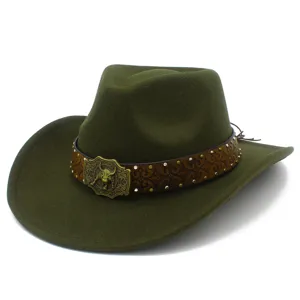 Dark green felt cowboy hat detail, featuring embossed leather band and vintage bull buckle.
