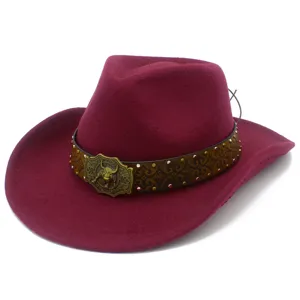 Wine red felt cowboy hat with vintage brown embossed band, metallic studs and bull buckle.