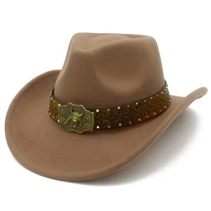 Detailed view of classic western cowboy hat, wide brim fedora with vintage bull buckle and studs.