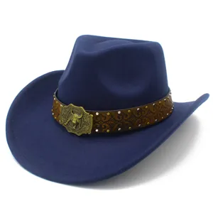 Blue western cowboy hat with detailed brown patterned band and metal bull head buckle accessory.