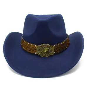 Blue western cowboy hat with retro embossed leather band and metal bull buckle for fashion style