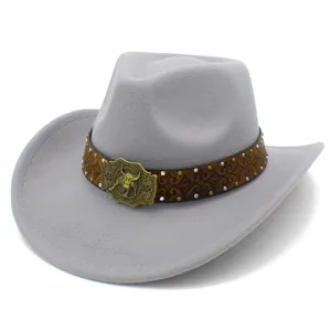 Detailed view of grey felt western cowboy hat with brown embossed leather band and bull buckle.