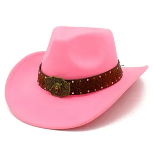 Pink western cowboy hat detail showing retro bull belt buckle, rivets and embossed leather band.