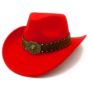 Classic red western cowboy hat for men and women, stylish wide brim felt hat with metal buckle.