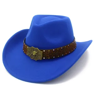 Vibrant blue felt western cowboy hat featuring a patterned brown band and bull buckle.