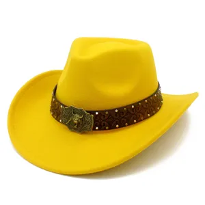 Detailed view of yellow western cowboy hat with embossed bull buckle and brown leather band