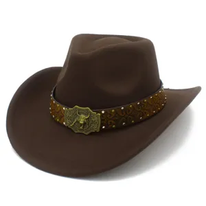 Classic western cowboy hat with wide brim, retro leather band and vintage bull metal buckle.
