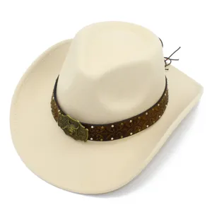 Detail view of the classic beige western cowboy hat with patterned brown band and bull buckle.