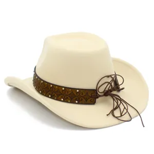 Close-up detail of the vintage western cowboy hat with brown patterned leather band.