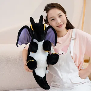 Cute black and purple plush dragon toy detail view, soft hugging pillow for kids and adults.