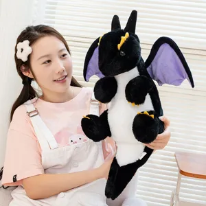 Cute black dragon plush toy soft cartoon dinosaur doll soothing sleeping pillow gift for kids