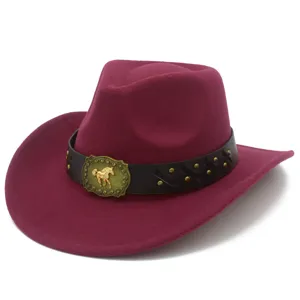 Detailed close-up of burgundy wool cowboy hat with dark brown leather belt and gold horse buckle.