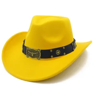 Retro yellow western cowboy hat with black leather belt and bull head buckle, stylish fedora.