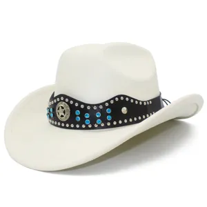 Classic white suede cowboy hat with black rhinestone studded band, perfect for outdoor styling.
