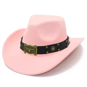 Pink western cowboy hat with black leather band and metal bull head buckle, stylish jazz fedora.