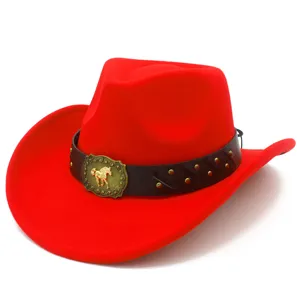 Detail shot focusing on the horse buckle and leather belt of the red felt cowboy hat.