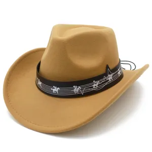 Cappello da cowboy musicale elegante con tesa larga e nastro di note per uomo e donna.