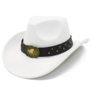 White woolen cowboy hat with brown leather belt and gold horse buckle wide brim fedora jazz hat