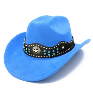 Blue suede cowboy hat detail, showcasing studded black band, rhinestones and star emblem.