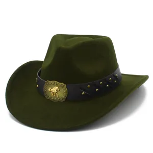 Detailed view of the dark green felt cowboy hat featuring black leather belt and gold horse buckle.