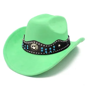 Green suede cowboy hat detail showing rhinestone studs and star badge decoration.