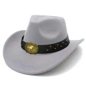 Close-up view of the grey felt cowboy hat featuring black leather strap and gold horse buckle detail.