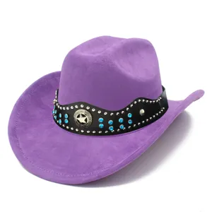 Purple suede cowboy hat with sparkling blue rhinestones and star band for classic western style