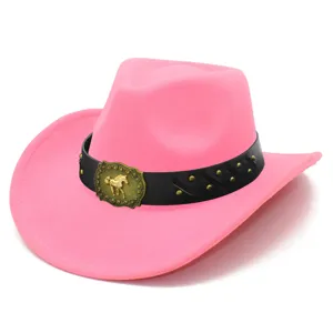 Detail view of pink western cowboy hat with black leather strap and golden horse buckle.
