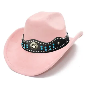 Pink faux suede cowboy hat with black studded rhinestone band, stylish western prairie rider jazz cap.