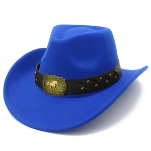 Blue wool felt cowboy hat with leather belt and golden horse buckle detail, wide brim fedora.
