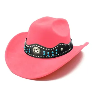Pink suede western cowboy hat with studded black rhinestone band for men and women stylish.