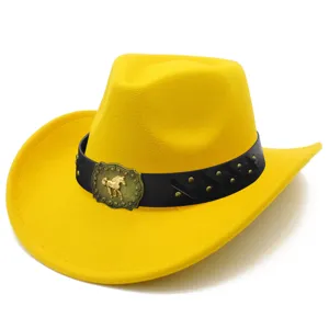 Yellow wool felt cowboy hat with black leather belt and metal horse buckle for daily wear.