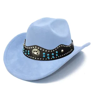 Blue suede cowboy hat with studded rhinestone band, western style jazz hat for men and women.