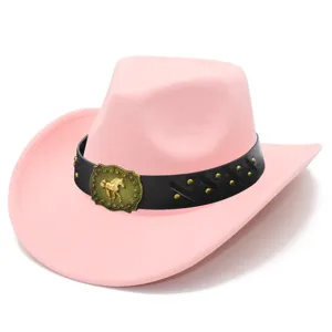 Pink wool felt western cowboy hat with black belt and horse buckle fashion fedora cap
