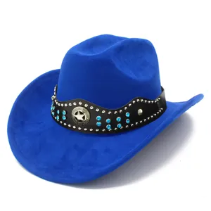 Blue suede cowboy hat detail, featuring black band with rhinestones and metal star badge.