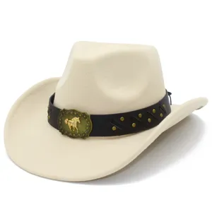 Close-up of beige felt cowboy hat with brown leather belt, gold horse buckle and metal studs.