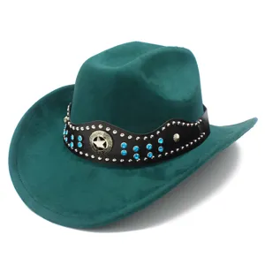 Green suede cowboy hat detail featuring black studded band, blue rhinestones and star badge.