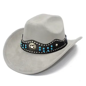 Close-up gray suede cowboy hat detail, leather band with blue rhinestones and star badge.