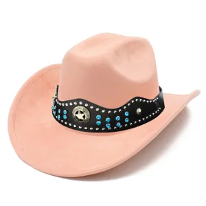 Pink suede western cowboy hat with studded black leather band and star badge for adults.