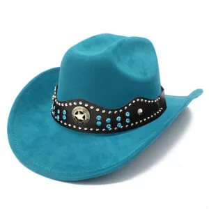Turquoise suede cowboy hat featuring a black leather rhinestone band and star emblem detail.