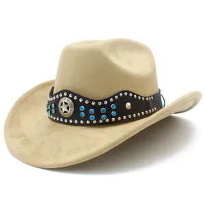 Close-up detail of beige suede western cowboy hat with studded rhinestone leather band.