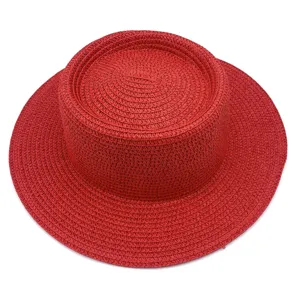 Sombrero de paja rojo parte superior plana verano protección solar playa viaje sombrero