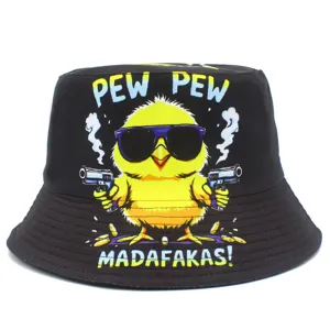 Chapeau Bob en Coton Noir avec Impression de Poulet de Dessin Animé Drôle Chapeau de Pêcheur Pliable Protection Solaire